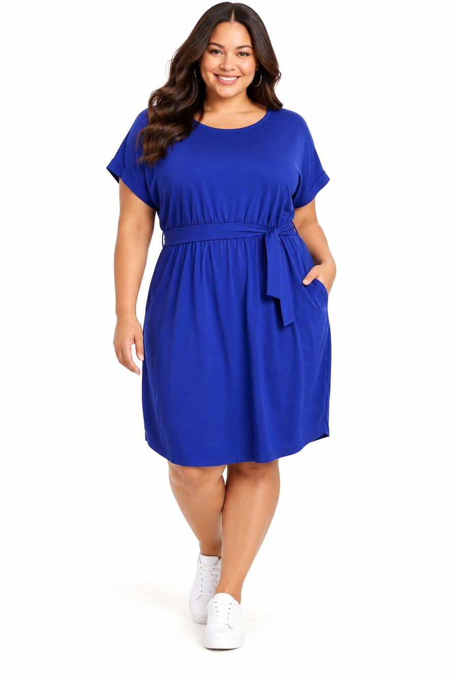 Isaac Mizrahi Live! Women’s 1X Blue French Terry Short Sleeve Belted Dress
